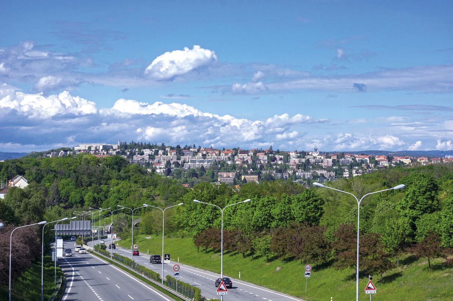 Brno cityscape with Pisarky tunnel and Zluty kopec (Yellow hill)